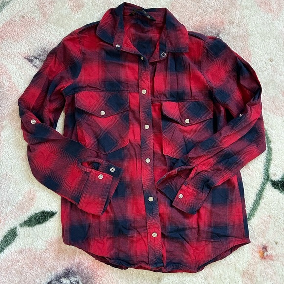 Zara Red and Navy Plaid Button-Up Shirt - Picture 1 of 8